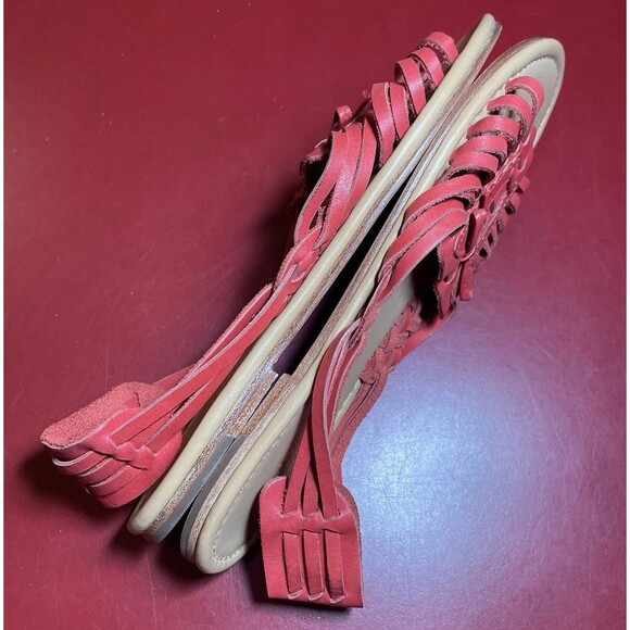 L.L.Bean Sandals Womens 7M Red Leather Flat Tassel Slingback Bow Artsy Boho - Picture 3 of 9